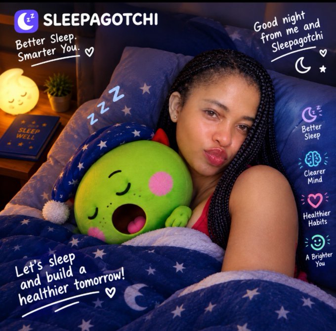 A 'SLEEPAGOTCHI' advertisement showing a woman in bed hugging a green sleeping plush toy, with text promoting 'Better Sleep', 'Clearer Mind', 'Healthier Habits', and 'A Brighter You'.