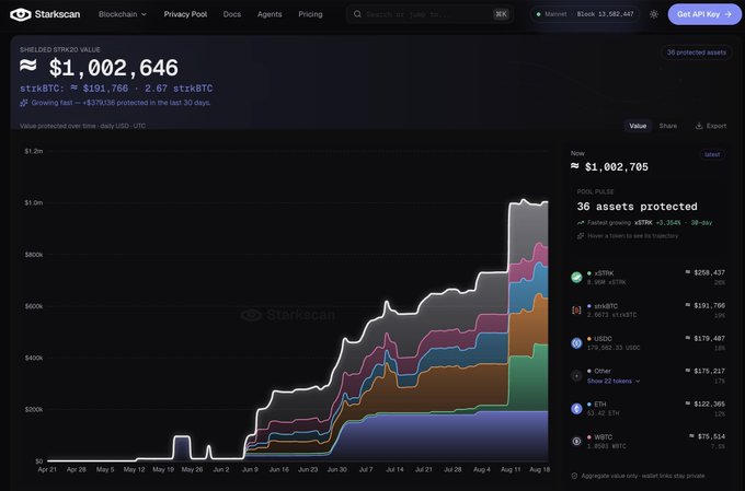 A screenshot of the 'Starkscan' analytics website showing a 'SHIELDED STRUSD VALUE' of $1,002,646 and a chart tracking the daily growth of 36 protected assets, with 'strkBTC' growing by +$191,766.