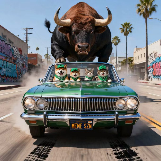 A surreal meme-style image of a giant bull riding on top of a green vintage car driven by four cats wearing green caps, with a license plate reading 'MEME SZN.'