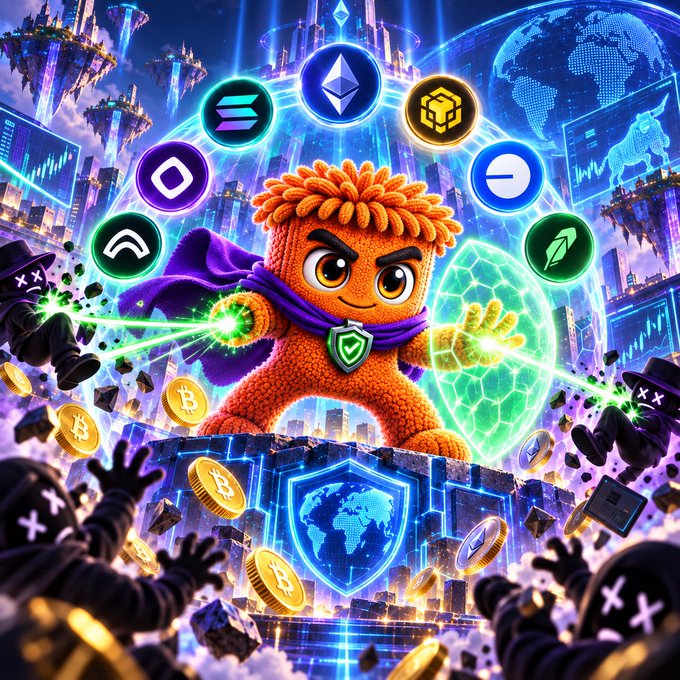 A vibrant digital illustration of an orange fuzzy cartoon character with a purple cape surrounded by cryptocurrency logos including Ethereum and Bitcoin, with floating coins and shadowy figures in a futuristic cityscape.