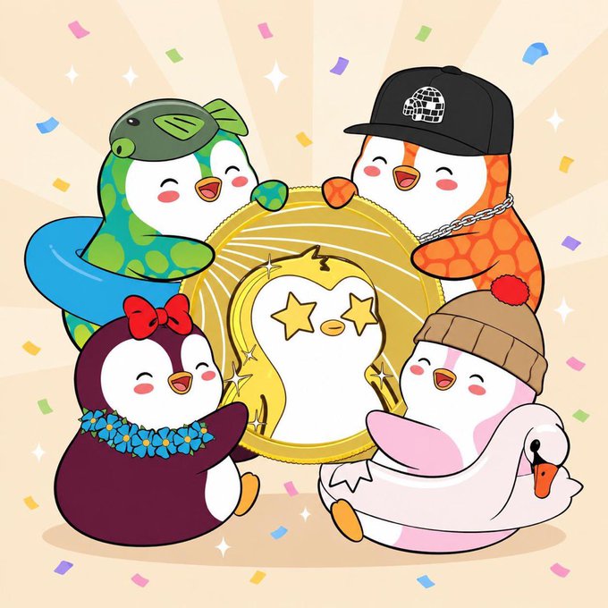 The image features five penguins, each wearing different colored hats or headbands, gathered together with one of them holding a gold coin. The penguin with the gold coin appears to be the center of attention as they all seem to be celebrating something. The background is filled with confetti and colorful streamers, adding to the festive atmosphere. The post includes text that reads "GM Woke up a Pudgy Penguins MVP alongside 3 legends My first Community SBT".
