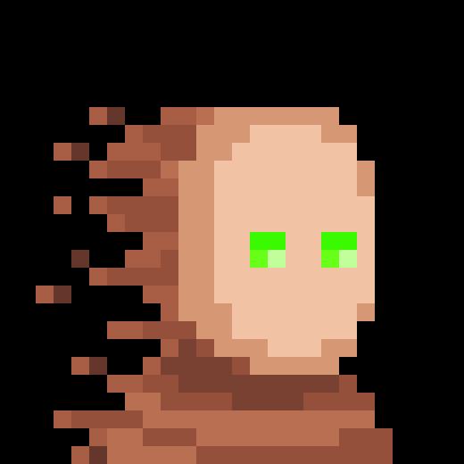 A pixel art image depicts a brown, figure-like character with bright green eyes against a black background.