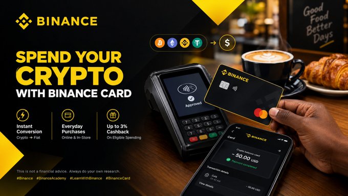 A Binance advertisement promoting the Binance Card with the text 'SPEND YOUR CRYPTO WITH BINANCE CARD,' featuring icons for Bitcoin, Ethereum, BNB, and Tether converting to fiat, alongside images of the card, a payment terminal, and a mobile app showing a transaction.