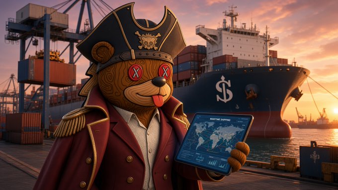 A pirate-themed teddy bear wearing a pirate hat and red coat holds a tablet displaying a world map and charts, with a cargo ship featuring a large "$" symbol in the background at a shipping port. This visual metaphor reinforces the post's point about @EthraShip's real-world asset approach, where actual dry bulk shipping operations precede the token layer, emphasizing tangible maritime infrastructure over speculative tokenization.