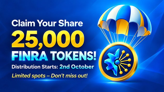 A promotional banner advertising 'Claim Your Share 25,000 FINRA TOKENS!' with 'Distribution Starts: 2nd October' and 'Limited spots – Don't miss out!' displayed next to a parachuting token graphic.