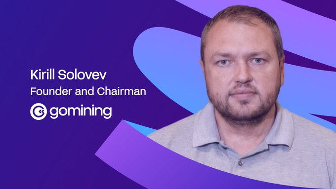A promotional banner features Kirill Solovev, Founder and Chairman of GoMining, against a purple and blue graphic background, accompanying a post highlighting his argument that Bitcoin holders must begin spending it for it to succeed as money.