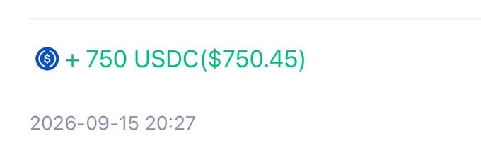 A transaction screenshot showing a deposit of '+ 750 USDC($750.45)' timestamped 2026-09-15 20:27.