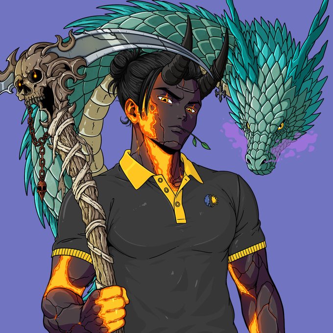 A digital illustration of a horned, demon-like figure with lava cracks on their arms, wearing a black and yellow polo shirt and holding a staff topped with a skull and feathers, set against a purple background with a teal dragon head.