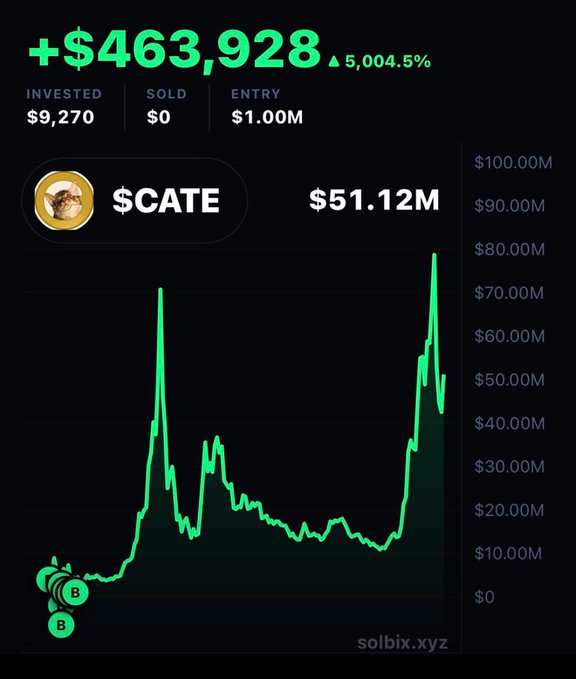 A mobile app screenshot showing a portfolio gain of +$463,928 (5,004.5%) for the token '$CATE', featuring a green line chart indicating a current value of $51.12M on the solbix.xyz platform.