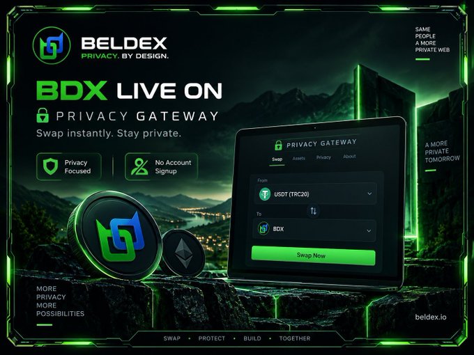 A digital advertisement for 'BELDEX' promoting their 'BDX' cryptocurrency and 'PRIVACY GATEWAY' swap platform with a green-themed, tech-inspired design.