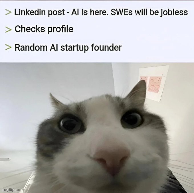 A meme featuring a wide-eyed cat with the text '> Linkedin post - AI is here. SWEs will be jobless', '> Checks profile', '> Random AI startup founder', and the imgflip.com watermark.