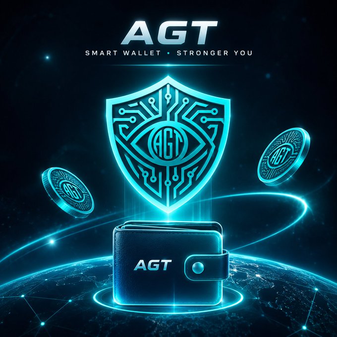 A digital advertisement for 'AGT' displays a glowing blue shield with an eye and circuits above a leather wallet, accompanied by floating coins and the slogan 'SMART WALLET • STRONGER YOU.'