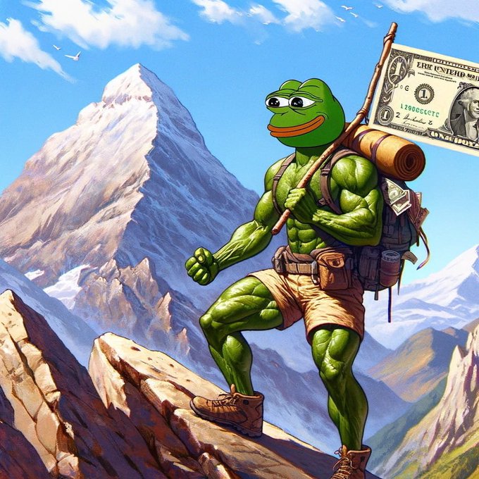 The image shows a muscular green frog-like character holding a flag (a $1 bill) high above its head, possibly standing atop a rocky mountain or cliff overlooking a snowy landscape. The caption reads "Send PEPE to 1 USD with haste," which is likely referring to a money transfer system that allows users to send funds using a popular character like PEPE as an account holder.