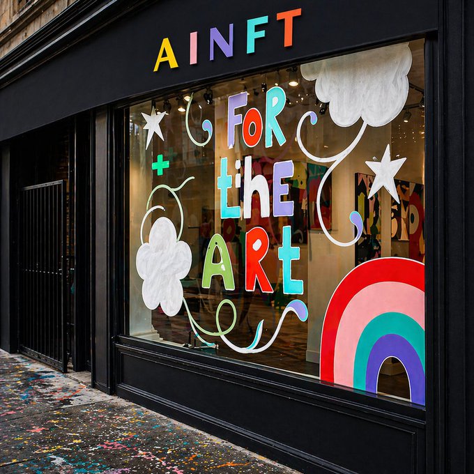 A storefront with "AINFT" displayed above the entrance, featuring window decorations that read "FOR THE ART" alongside colorful hand-painted clouds, stars, and a rainbow.