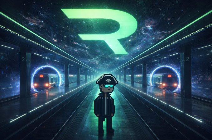 A pixel-art character in a suit standing in a futuristic subway station with a glowing green 'R' logo overhead.