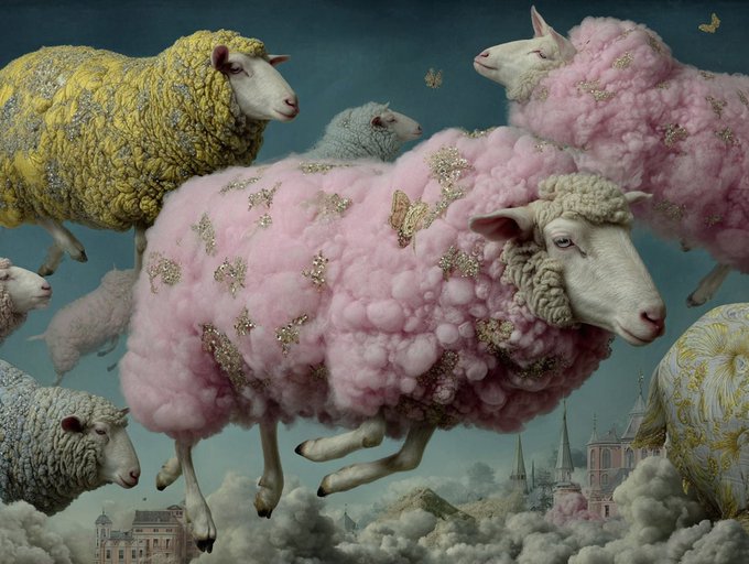 A surreal fantasy illustration features sheep with ornate, colorful wool—including pink and yellow varieties adorned with golden butterflies and floral patterns—floating through clouds above a distant cityscape.