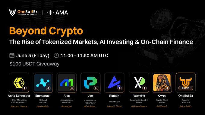 The image displays a black banner with white text, containing logos for several crypto companies including One Bull Ex and AMMA. The banner also features a photo of an item related to cryptocurrency, such as Bitcoin or Bitcoin Cash. At the bottom of the banner, there are details about a giveaway event happening in June featuring cryptocurrency companies like Ethereum, Ripple, Chainlink, and Binance.