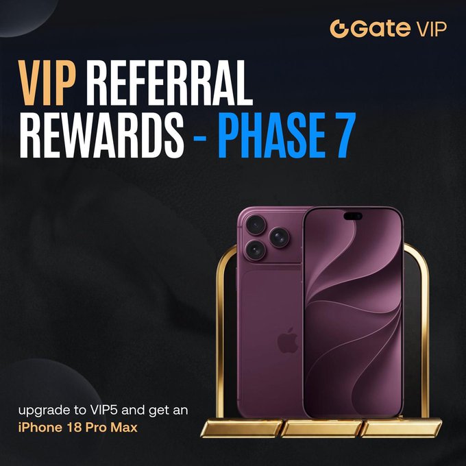 Gate.io promotes its VIP Referral Rewards - Phase 7 with a sleek dark graphic featuring a purple iPhone 18 Pro Max on a gold pedestal, highlighting the offer that VIP 5 upgraders can win the smartphone as part of the referral program.