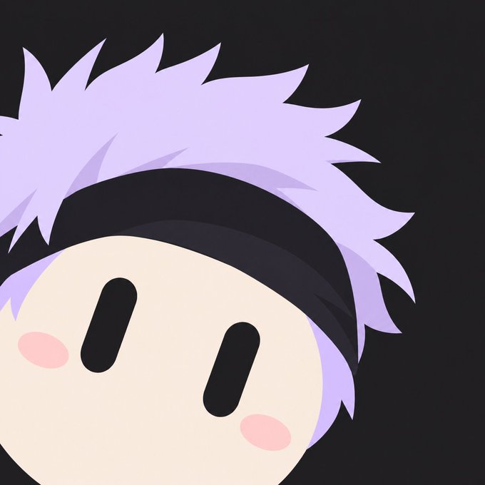 A cute, stylized cartoon character face with large black eyes, pink blushing cheeks, and messy light purple hair wears a black headband against a dark background.
