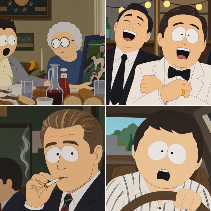 A four-panel image featuring South Park characters in various scenes: a Thanksgiving dinner, two men in tuxedos laughing, a man smoking a cigarette, and a surprised man in striped pajamas behind a steering wheel.