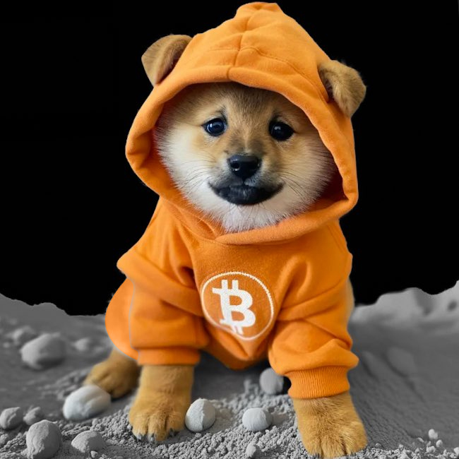 The image features a small brown dog wearing an orange hoodie with a white "B" logo, sitting or standing on some rocks. The background of the image is black, which contrasts with the dog's bright orange hoodie. There are no other objects in the scene besides the dog and the rocks. The caption to the image reads: "$DOG is standing strong against the rough times in market, reason is its Decentralised Holding, Free and fair Drop, No single entity can Dump the majority in the market".