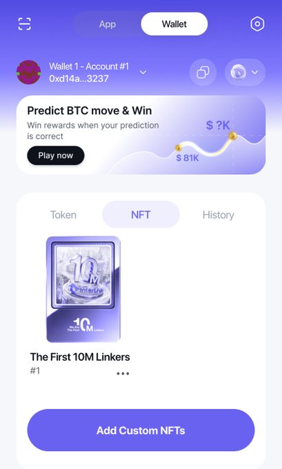 The image shows a crypto wallet app displaying an NFT titled "The First 10M Linkers #1" alongside a BTC price prediction game banner. This relates to the post's mention of claiming a special InterLink (ITL) NFT as part of the "#WeAreTheFirst10M" campaign, with the wallet interface confirming the user has successfully claimed "The First 10M Linkers" exclusive NFT before the Oct 12, 2026 deadline.