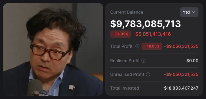 The image features a screenshot of a phone or computer displaying the current price of an Ethereum investment that has decreased by $9,000,000,000. The title of this particular screen shows "BREAKING: Tom Lee's Ethereum portfolio is now down".