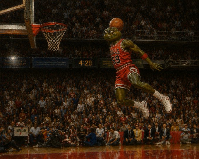 A surreal, AI-generated or digitally altered image shows a large, muscular frog wearing a red Chicago Bulls jersey with the number 69, mid-air during a basketball game in a crowded arena.