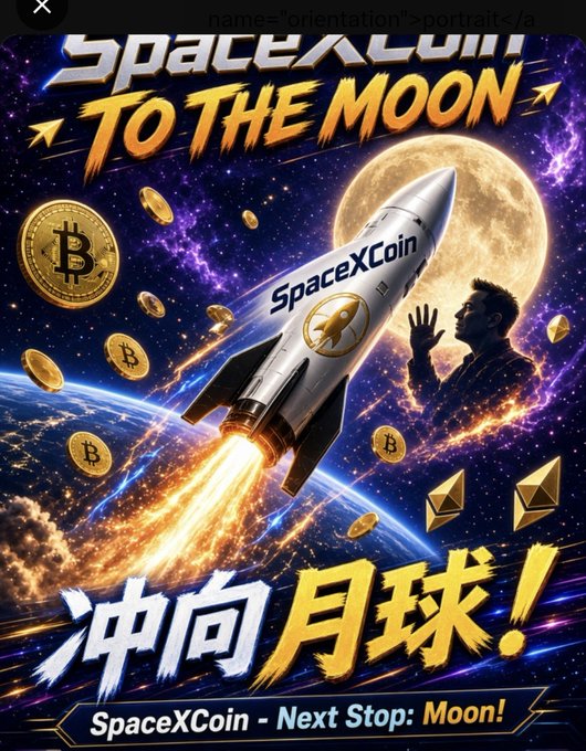 A promotional graphic featuring a rocket ship launching toward the moon, surrounded by Bitcoin and Ethereum coins, with the text 'SpaceXCoin - To The Moon' and Chinese characters meaning 'Rush to the Moon'.