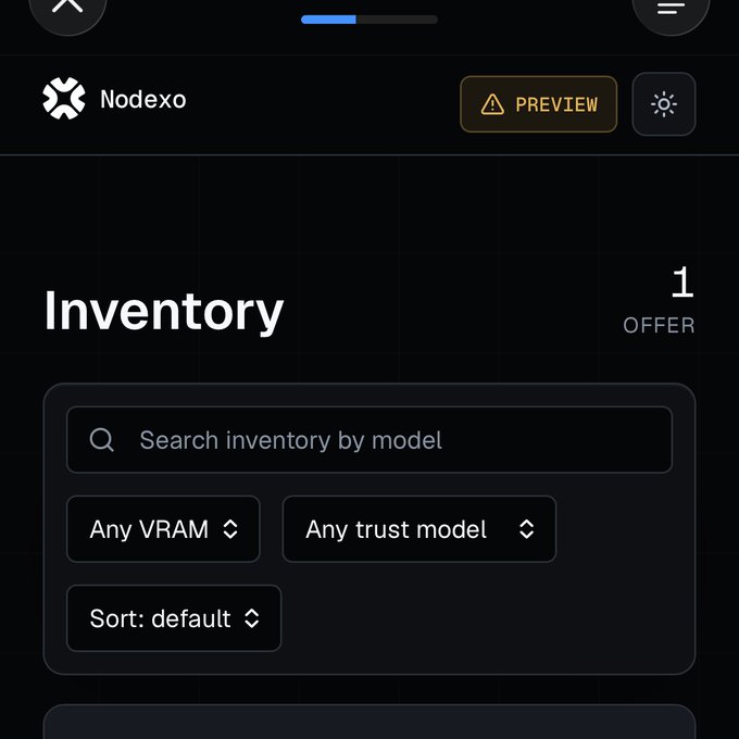 The image shows the Nodexo platform interface in dark mode, featuring an "Inventory" page with "1 OFFER" displayed alongside a search bar and filter options for "Any VRAM," "Any trust model," and "Sort: default," with a "PREVIEW" badge visible at the top—illustrating the verified GPU compute marketplace described in the post about Nodexo 3.0's proof-of-hardware system on Bittensor.
