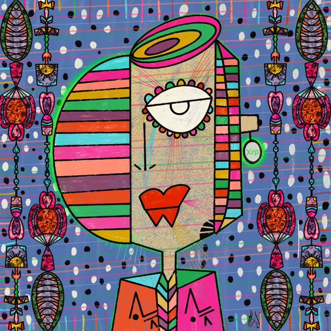 A colorful abstract pop-art style portrait of a stylized face with one large eye, geometric patterns, and a tag labeled 'Xrp' on its ear, set against a decorative blue background.