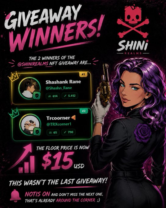 A 'GIVEAWAY WINNERS!' announcement graphic for '@shinirealms NFT' announcing winners Shashank Rane (@Shashn_Rane) and Trcoorner (@TRXcorner1), featuring a purple-haired anime-style woman holding a gold revolver and stating 'The floor price is now $15 USD'.