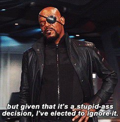 A meme of Samuel L. Jackson as Nick Fury wearing an eyepatch and black leather jacket, with subtitles reading: 'but given that it's a stupid-ass decision, I've elected to ignore it.'