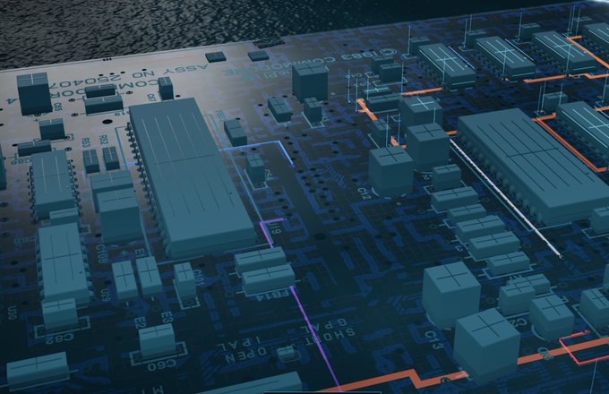 A stylized digital rendering shows a close-up of a computer circuit board with various components, traces, and labels visible.