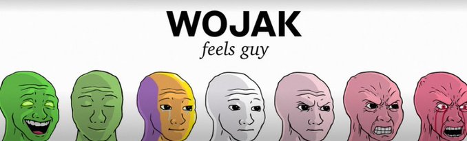 An infographic titled 'WOJAK feels guy' displaying a row of seven progressively more angry/frustrated Wojak meme faces in various colors (green, purple, white, pink, red).