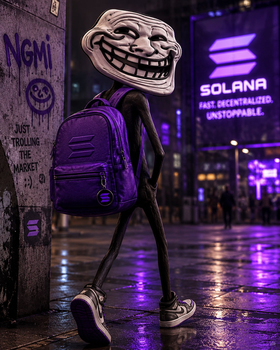A trollface character wearing a purple Solana backpack stands on a wet street next to a graffiti-covered wall reading 'NGMI' and 'JUST TROLLING THE MARKET', with a 'SOLANA FAST. DECENTRALIZED. UNSTOPPABLE.' billboard in the background.