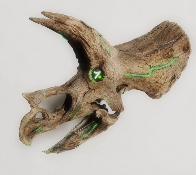 A 3D rendering of a dinosaur or dragon skull with glowing green veins and a digital '1%' displayed in its eye socket.