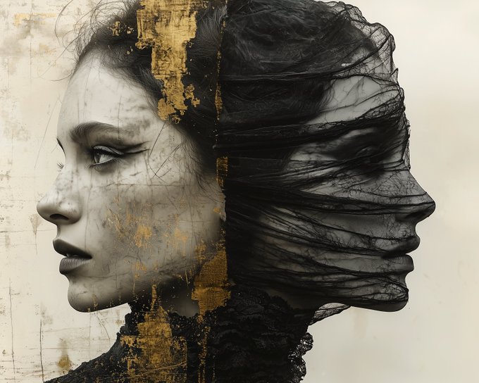 An artistic profile portrait features a woman's face contrasted with dark flowing hair, accented with gold leaf details on a textured background.