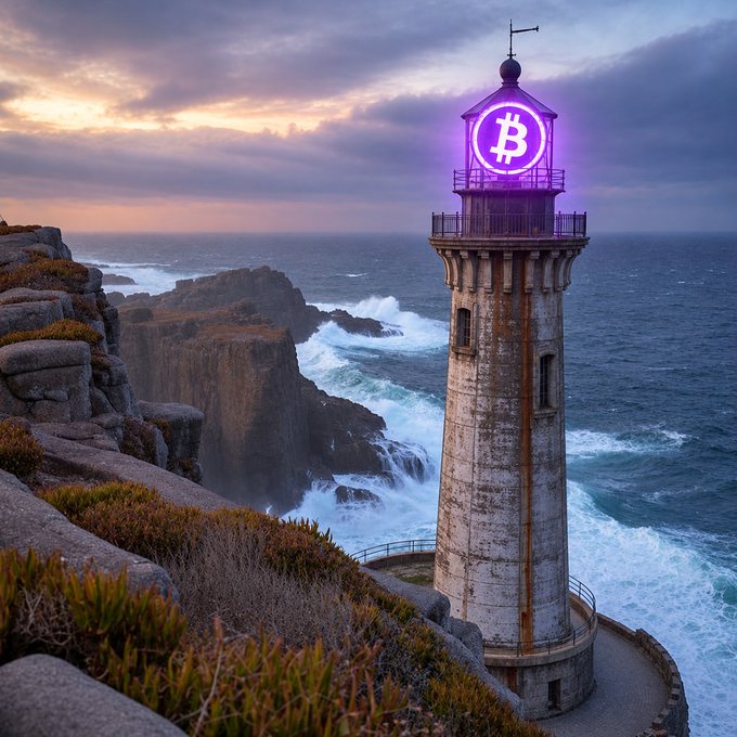 A scenic image of a tall lighthouse on a rocky coast with crashing waves at sunset, featuring a glowing purple Bitcoin (₿) symbol in place of the light.