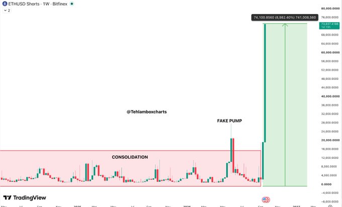 A TradingView chart of ETHUSD Shorts on the 1W timeframe from Bitfinex, annotated with 'CONSOLIDATION', 'FAKE PUMP', and a projected target of 74,100.8580 (6,982.40%).