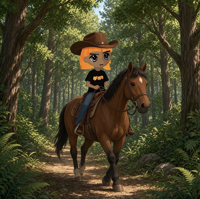 An animated-style illustration of a character with orange hair wearing a brown cowboy hat and a black 'HELLSTAR' shirt riding a brown horse through a green forest.