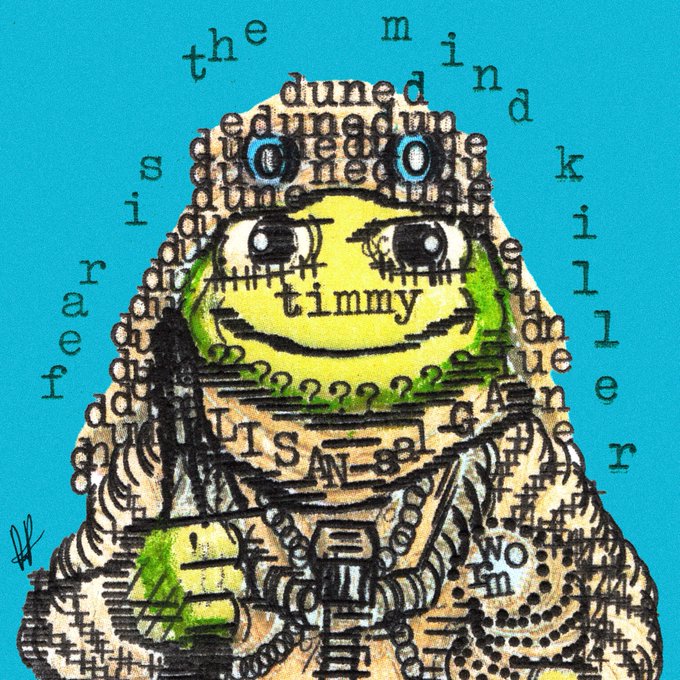 A mixed-media illustration of a frog-like character named 'timmy' wearing chains, overlaid with text reading 'the mind is a killer' and 'dreamed he ate the dead', signed by artist 'eezee'.