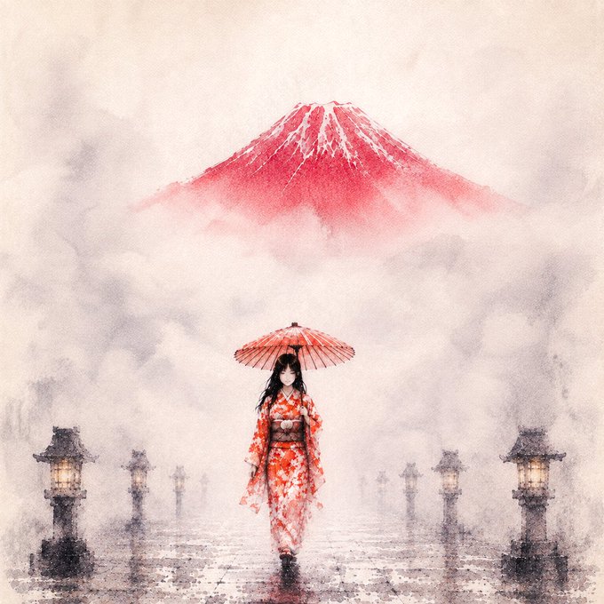 A watercolor-style illustration shows a woman in a red floral kimono holding a traditional paper umbrella, walking through a misty path lined with stone lanterns toward a red Mount Fuji.