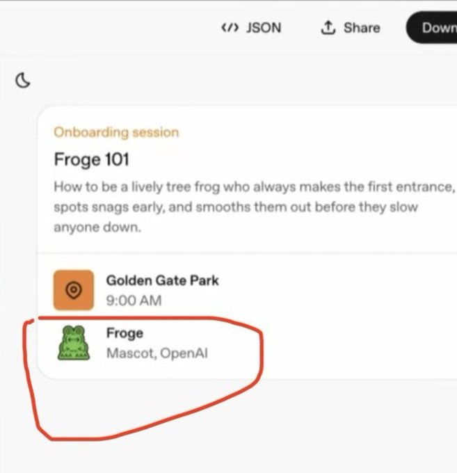 The image appears to be a screenshot of an event listing or app interface titled "Onboarding session: Froge 101," held at Golden Gate Park at 9:00 AM. The notable detail—circled in red—is that "Froge" is listed as a mascot connected to "OpenAI," suggesting a link between the memecoin $froge and OpenAI. In relation to the post asking about $froge's market cap, this image implies the token may have a connection or endorsement from OpenAI, which—if true—could suggest a significantly high valuation.