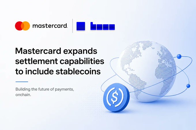The image features a white background with two logos - one for Mastercard and one for Base. The text "Mastercard expands settlement capabilities to include stablecoins" is displayed below these logos, indicating that Mastercard is expanding its payment capabilities to include stablecoins in addition to traditional payment methods like credit cards and checks. This development could potentially impact the adoption of onchain solutions by providing more options for users who prefer or require a different form of payment method.
