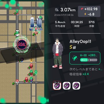 A screenshot of a fitness app showing a walking/running route on a map, with stats including a distance of 3.07km, average speed 5.4km/h, and the username 'AlleyOop11' with rank S.