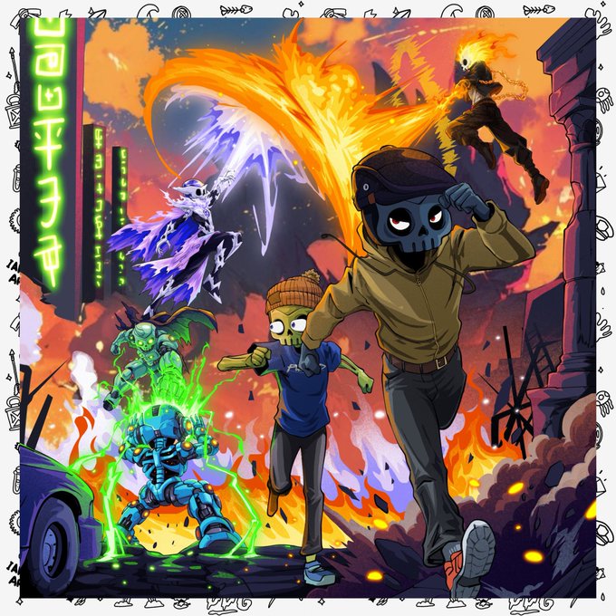 Vibrant digital artwork depicting a person in a skull mask running alongside a zombie-like character through a fiery, apocalyptic scene with dragons and robotic figures in the background.