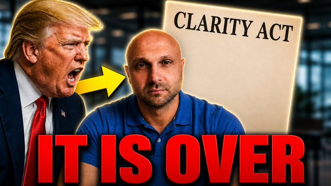 This image features Donald Trump, a document titled "CLARITY ACT," and a man with the text "IT IS OVER" overlaid. It visually relates to the post by symbolizing a potential significant political shift or conclusion concerning legislation, possibly involving ethics and bipartisan agreement.