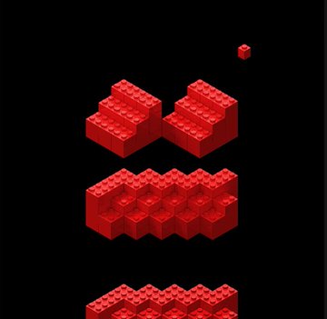 A digital image of red building blocks, including a heart shape, a rectangular plate, and a single loose brick, arranged on a black background.