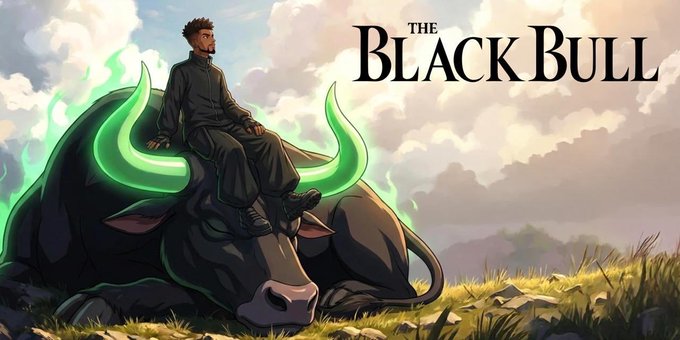 An anime-style illustration titled 'THE BLACK BULL' shows a man in a black coat sitting on a large, dark bull with glowing green horns in a grassy field.